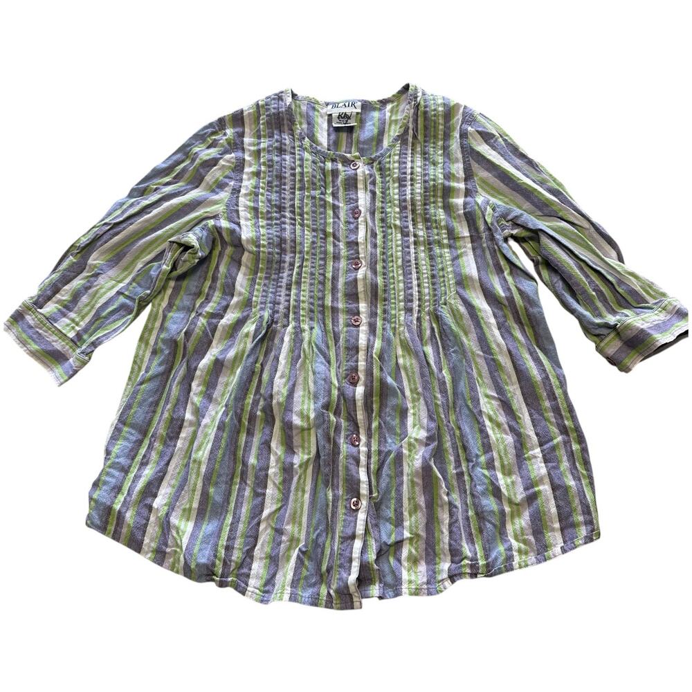 Vintage Top Womens Size Large Striped 3/4 Sleeve Button Up Blouse